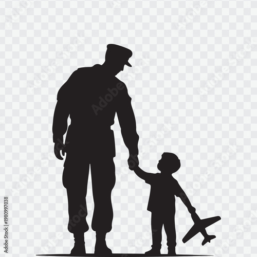 Soldier with child. Holding hand of child. Soldier silhouette