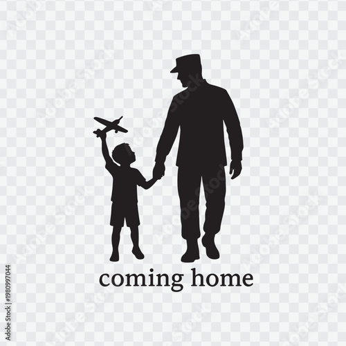 Soldier with child. Holding hand of child. Soldier silhouette