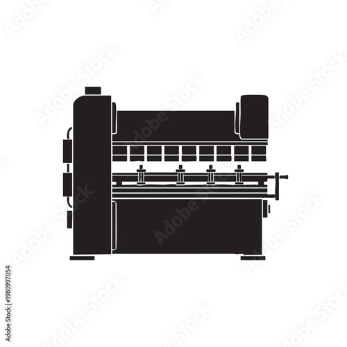 Press brake machine silhouette, industrial metal bending equipment for sheet metal fabrication, heavy machinery for shaping metal parts, precision engineering tool.