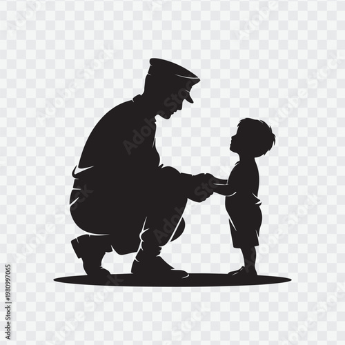 Soldier with child. Holding hand of child. Soldier silhouette