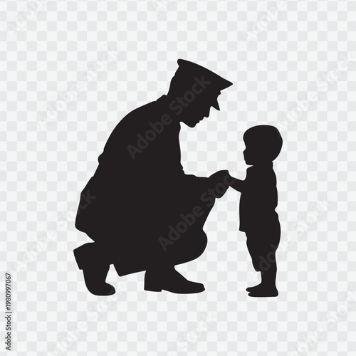 Soldier with child. Holding hand of child. Soldier silhouette