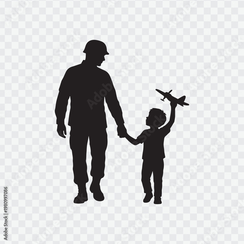 Soldier with child. Holding hand of child. Soldier silhouette
