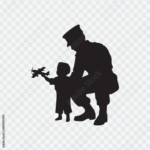 Soldier with child. Holding hand of child. Soldier silhouette