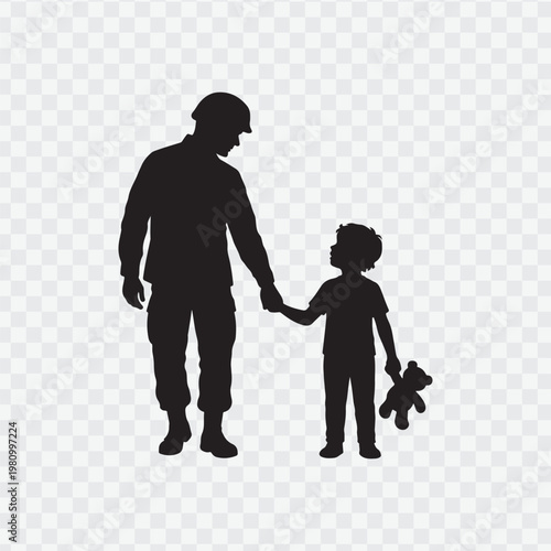 Soldier with child. Holding hand of child. Soldier silhouette