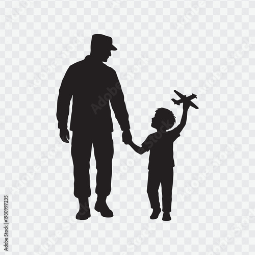 Soldier with child. Holding hand of child. Soldier silhouette