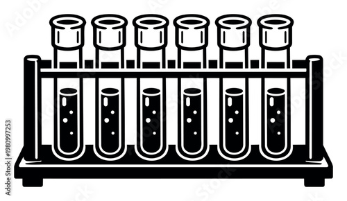 Test tubes holding bubbling liquid in a rack, concept of scientific experiment, chemical analysis, medical testing, and biotechnology