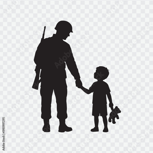 Soldier with child. Holding hand of child. Soldier silhouette