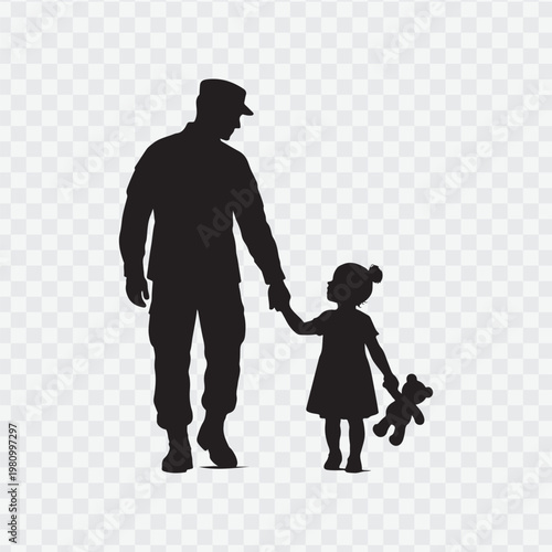 Soldier with child. Holding hand of child. Soldier silhouette