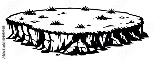 Drawing of a fantasy floating island with grass and rocky cliffs. Conceptualizing nature, isolation, and new possibilities