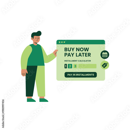 Man with Pay Later Banner Demonstrating Digital Purchase Concept.