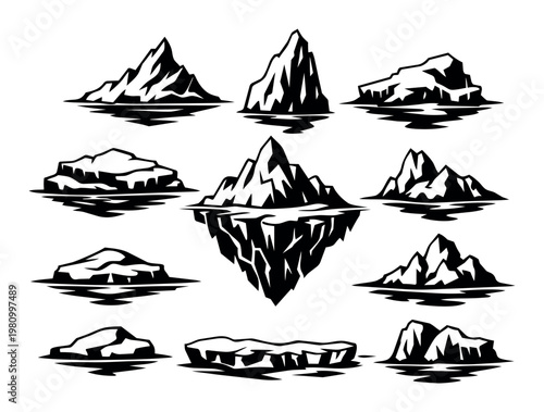 Iceberg collection, abstract black and white vector art representing frozen arctic blocks, various shapes floating on water with reflections