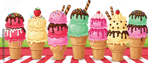 Colorful Ice Cream Cone Set with Various Flavors, Toppings, and Waffle Cones for Dessert, Food, and Summer-Themed Designs
