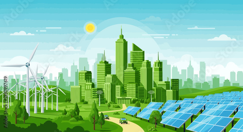 Eco-Friendly Metropolis: A vibrant illustration showcasing a sustainable city, powered by solar panels and wind turbines, nestled in a lush green environment.
