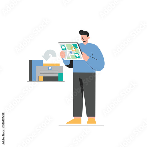 Man Holding Digital Presentation Document With Printer.