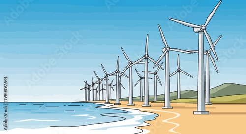 Coastal Wind Turbines: A row of wind turbines stands tall along a picturesque coastline, harnessing the power of the wind and embracing a commitment to sustainable energy.