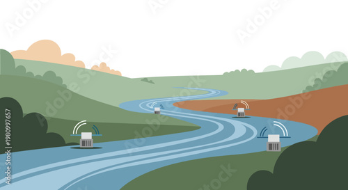 Smart River Monitoring: Modern technology intertwines with nature, as connected devices monitor a flowing river, symbolizing environmental awareness and data-driven management.
