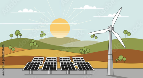 Renewable Energy Landscape: A vivid illustration depicts a sustainable environment, showcasing wind turbine and solar panels harnessing the power of the sun