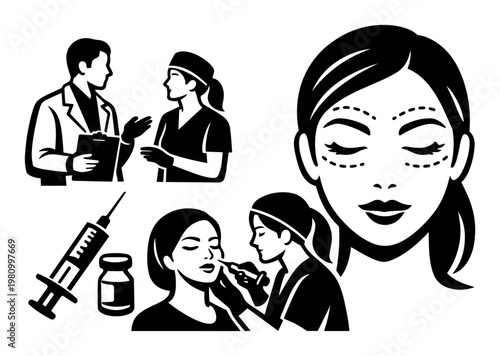 Plastic surgery clinic staff discussing treatment options, a woman with facial marking lines for cosmetic injections, and a professional performing a beauty procedure