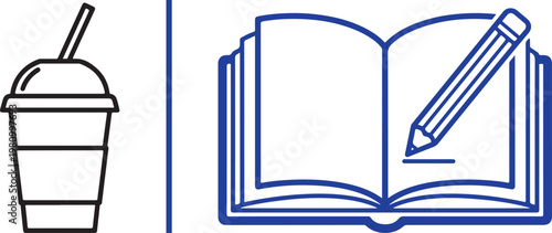 Vector line art icons of a disposable drink cup and an open notebook with a pencil for education and study concepts