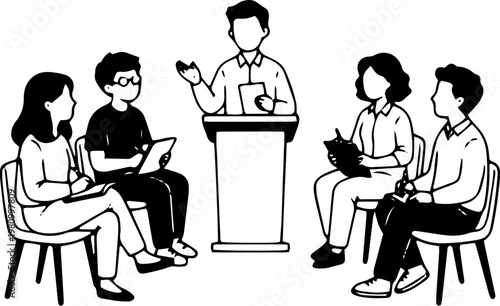 Black and White Vector Illustration of Man Giving Presentation at Podium to Seated Audience