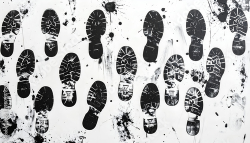 A stark composition showcases numerous dark boot prints scattered across a bright white surface.