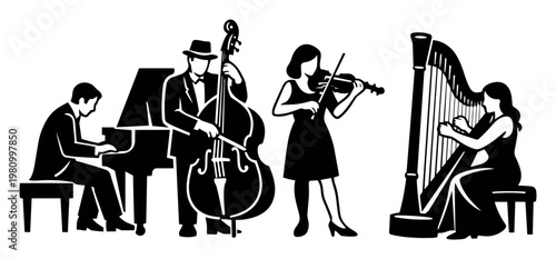 Musical quartet performing together, creating harmonious sounds with string, keyboard, and plucked instruments for an artistic concert