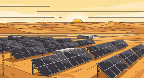 Solar Energy Field in Desert: A sprawling solar energy field in the arid desert landscape, harnessing the power of the sun to generate clean, sustainable energy, reflecting the promise of a brighter.