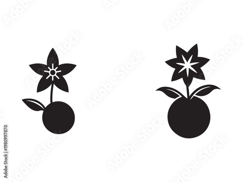 Simple black silhouettes of flowers with leaves on round bases  isolated on white background