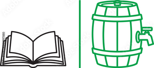 Minimalist vector icons of an open book and a wooden barrel with a tap for education and beverage industry concepts