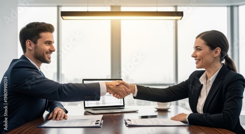 Smiling Business People Handshaking in Modern Office with City View