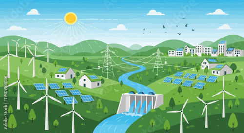 Sustainable Energy Future: A vibrant illustration showcasing a sustainable future, with renewable energy sources powering a modern community amidst rolling hills and clear skies.
