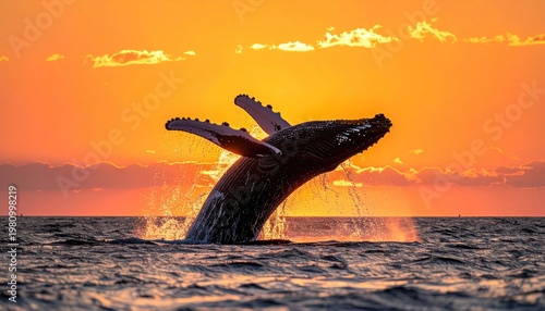 Humpback whale breaching at sunset over the ocean with dramatic orange sky and sun flares casting shimmering light on water