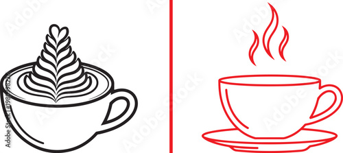 Minimalist Coffee Cup Line Art Icons with Latte Art and Hot Steam Vector Illustration