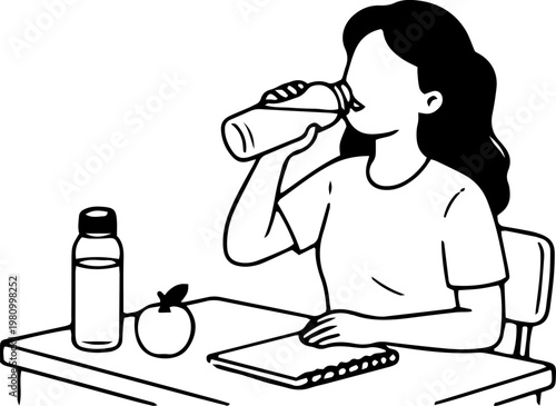 Black and White Vector Illustration of Woman Drinking Water from Bottle at Desk with Apple and Notebook Healthy Lifestyle