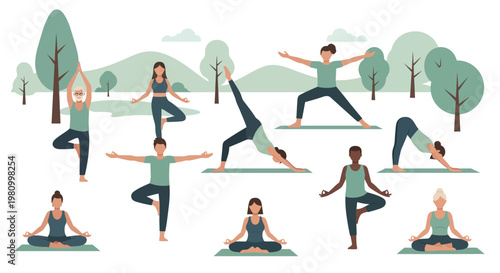 A successful fitness illustration of a cartoon business woman and sport couple vector silhouettes performing a group of yoga exercises