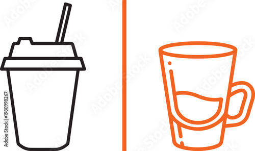 Minimalist vector illustration of a takeaway coffee cup and a glass mug separated by a line for cafe menu design