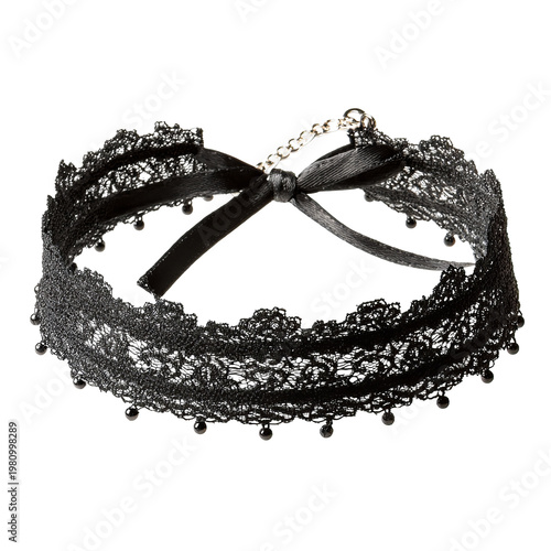 Elegant black lace choker with a satin bow and subtle embellishments on a black background