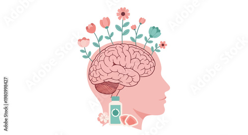 A vector illustration of a human head silhouette featuring a brain profile and gear icons to symbolize thinking, intelligence, and the creative concept of a business mind