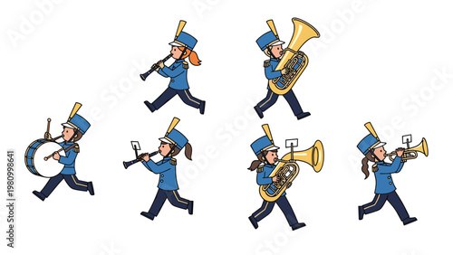 Diverse members of a school marching band wearing blue and gold uniforms while playing the drum clarinet tuba and trumpet in a parade.