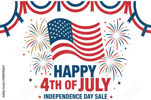 Happy 4th of July independence day sale vector banner with american flag and fireworks on transparent background for advertising design