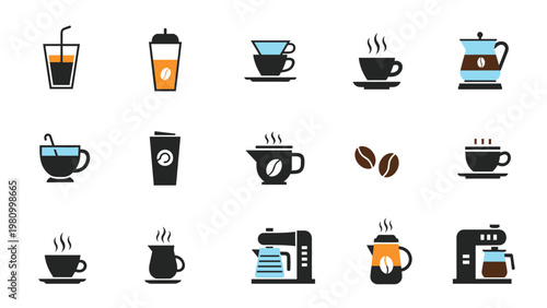 Diverse collection of coffee culture symbols featuring various cups of hot beverages roasting beans and professional brewing equipment.