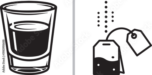 Minimalist vector illustration of a tea glass and a tea bag for cafe menu and beverage branding