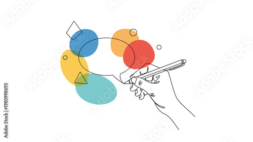 Creative concept illustration of a hand drawing a large speech bubble among vibrant abstract shapes and geometric symbols.