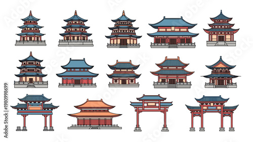 Detailed collection of traditional Chinese architectural buildings showcasing pagodas temples and gates with ornate tiered roof designs.