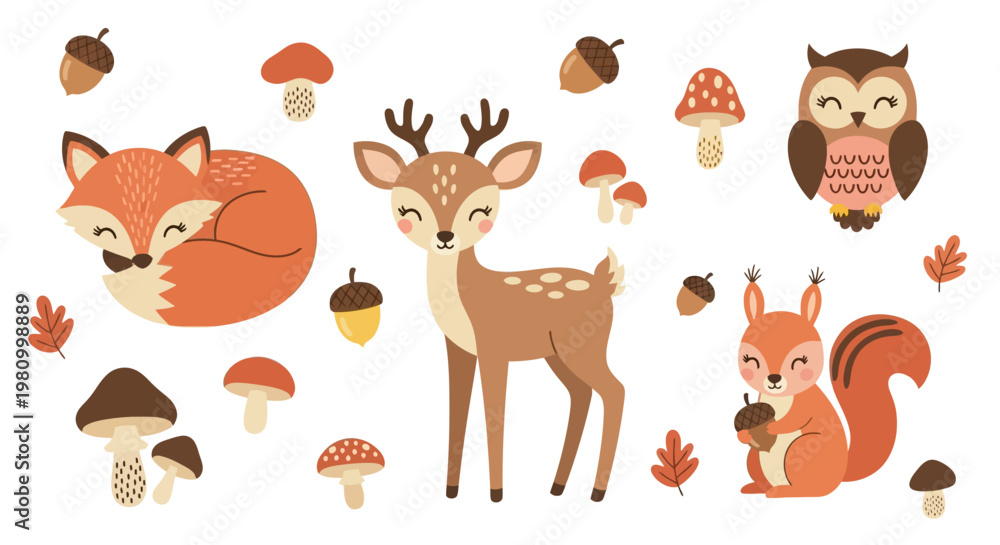 Fototapeta premium A cute cartoon collection of funny wild and farm animals featuring a dog, cat, lion, and fox in a vector illustration set of character icons