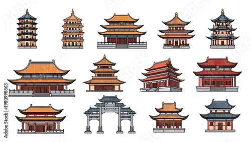 Extensive collection of traditional East Asian architectural structures such as historic pagodas temples and grand entrance gates.