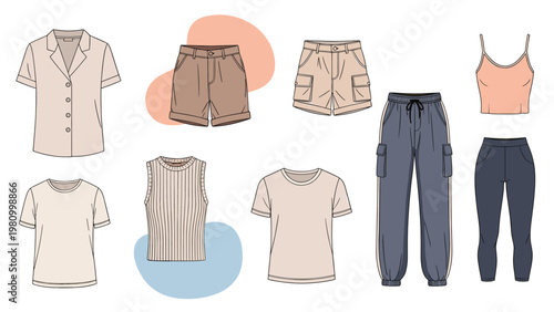 Versatile set of summer apparel illustrations featuring casual t-shirts button down shirts cargo shorts and comfortable trousers.