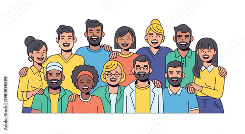 A happy group of young friends, school kids, and family members with smiling faces in a funny cartoon vector illustration banner celebrating friendship and team fun
