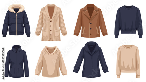Collection of stylish winter apparel including warm puffer jackets knitted cardigans tailored coats and comfortable sweaters.