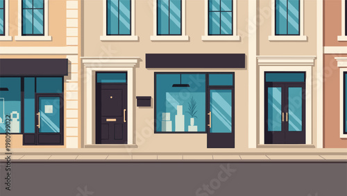 Detailed illustration of a clean modern city street facade featuring various shop fronts boutique entrances and residential doors.